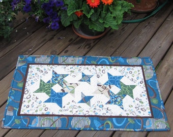 Modern Quilted Blue and Green Star Table Runner Table Topper Wall Quilt Quiltsy Handmade