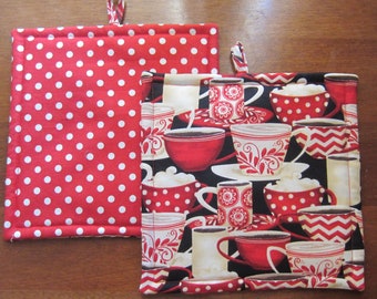 Red and White Polka Dot/Striped Coffee/Tea Cups Coffee Break Cocoa Time Quilted Set of Two Pot Holders Quiltsy Handmade