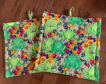 Frogs Hiding in Tulips Smiling Frogs Happy Frogs Daisies Set of Two Pot Holders