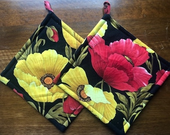 Tulips Pot Holders Bright Red and Yellow Quilted Handmade Quiltsy Team