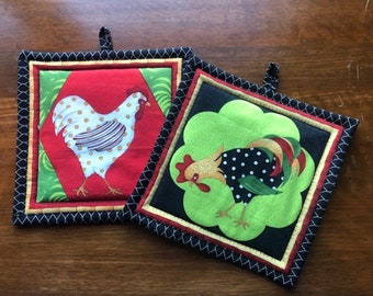 Funky Chickens Hen and Rooster Farm Country Kitchen Quilted Pot Holders Set of Two Quiltsy Handmade