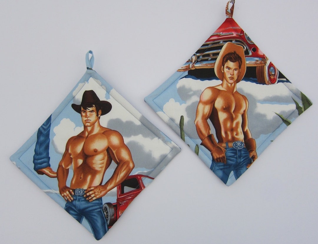 Hunca Men Set Too Hot to Handle Cowboy Hunky Men Quilted Pot Holders Set of Two ...