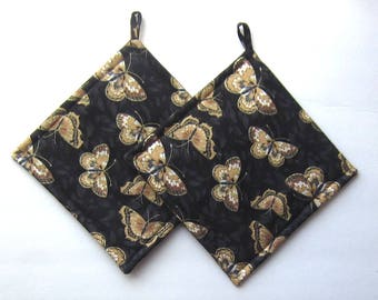 Gold Metallic Butterflies on Black Pot Holders Set of Two Quiltsy Handmade