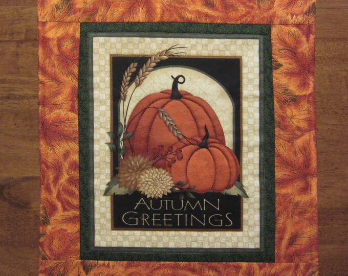 Autumn Greetings Fall Straw Flowers and Pumpkins Wall Quilt or Table ...