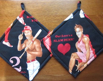 Valentine's Day Hunky Men Basketball and Baseball Players Pinup Pot Holders Set of Two Quiltsy Handmade