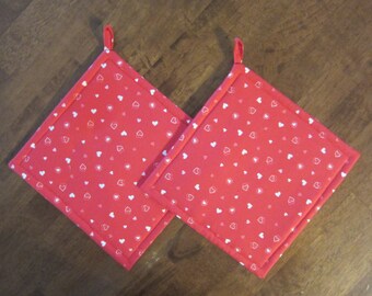 Valentine's Day Red and White Hearts on Red Quilted Pot Holder Set of Two Quiltsy Handmade