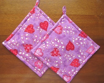 Valentine's Day Red Hearts on Lavender Quilted Pot Holder  Set of Two Quiltsy Handmade
