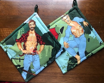 Sexy Hunky Hot Men Campers Pinup Quilted Pot Holders Set of Two Quiltsy Handmade