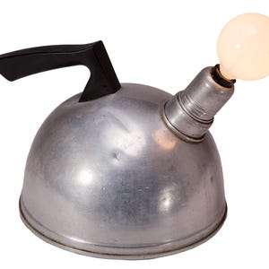 Vintage Retro Teapot Kitchen Lamp - Up-cycled Silver Metal Light with Lightbulb - Midcentury Kitchen Decor