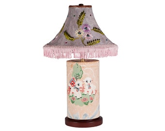 Vintage Lamb Nursery Lamp with Extraordinary Vintage Embroidered Velvet Lamp Shade - Upcycled One-of-a-Kind Light