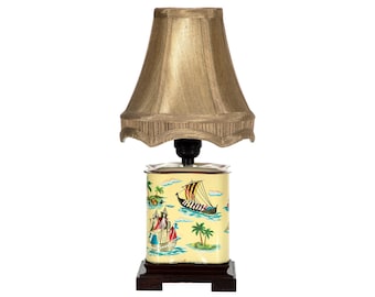 Vintage Tea Caddy Lamp: Sailing Ship Metal Tin, New Shade