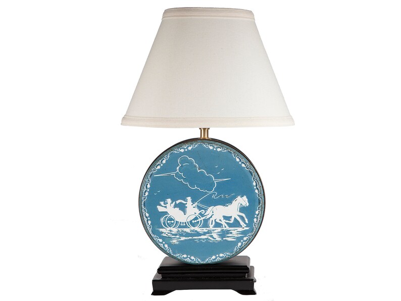 Vintage Blue White Round Silhouette Tin Up Cycled Lamp With New Fabric Shade