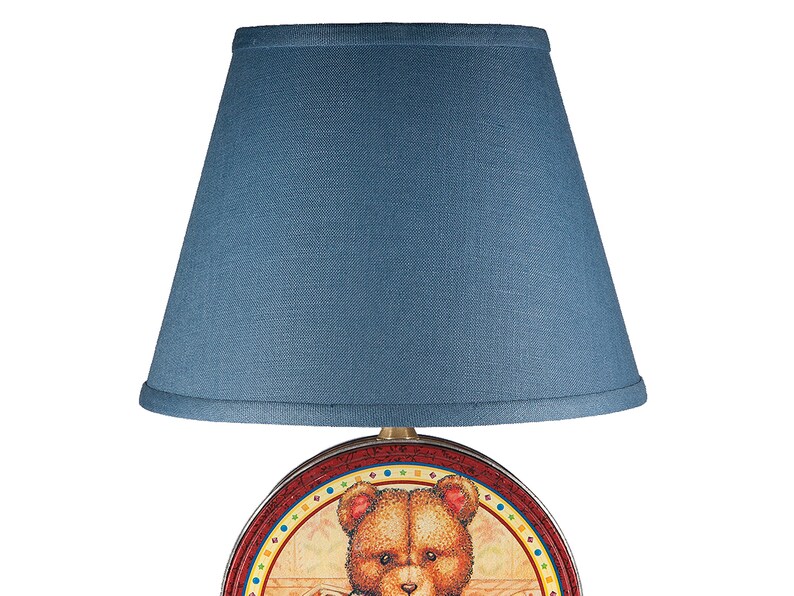 Vintage Round Teddy Bear Tin Up-cycled Nursery Lamp with New Blue Fabric Lamp Shade