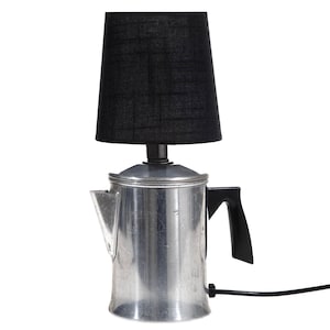 Vintage Coffee Pot Lamp: Silver Metal, New Fabric Shade