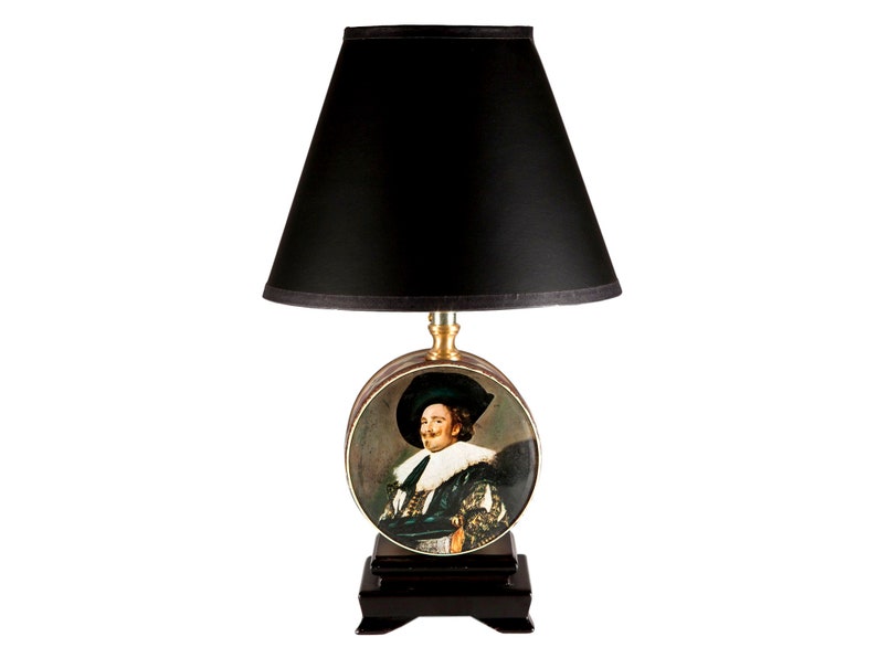 Vintage Portrait Tin Up-cycled Small Round Lamp with New Black Lampshade