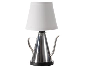 Vintage MCM Silver Metal Teapot Kitchen Lamp with New Fabric Lampshade