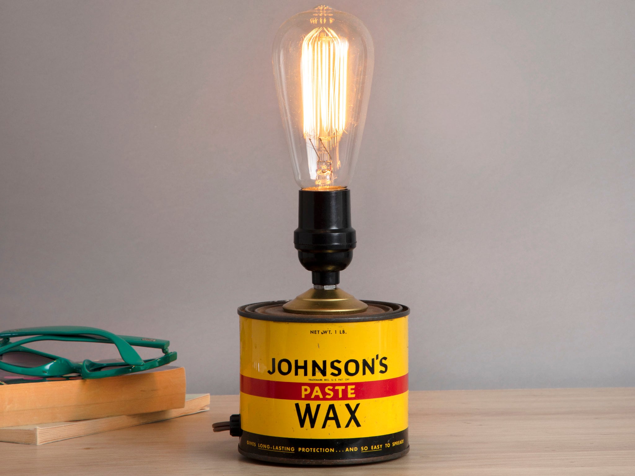 Vintage Paste Wax Tin Up-cycled Lamp Yellow Johnson's Wax Metal Can With  New Filament Lightbulb 