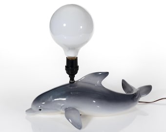 Handcrafted Porcelain Dolphin Wired Fish Sculpture with Lightbulb