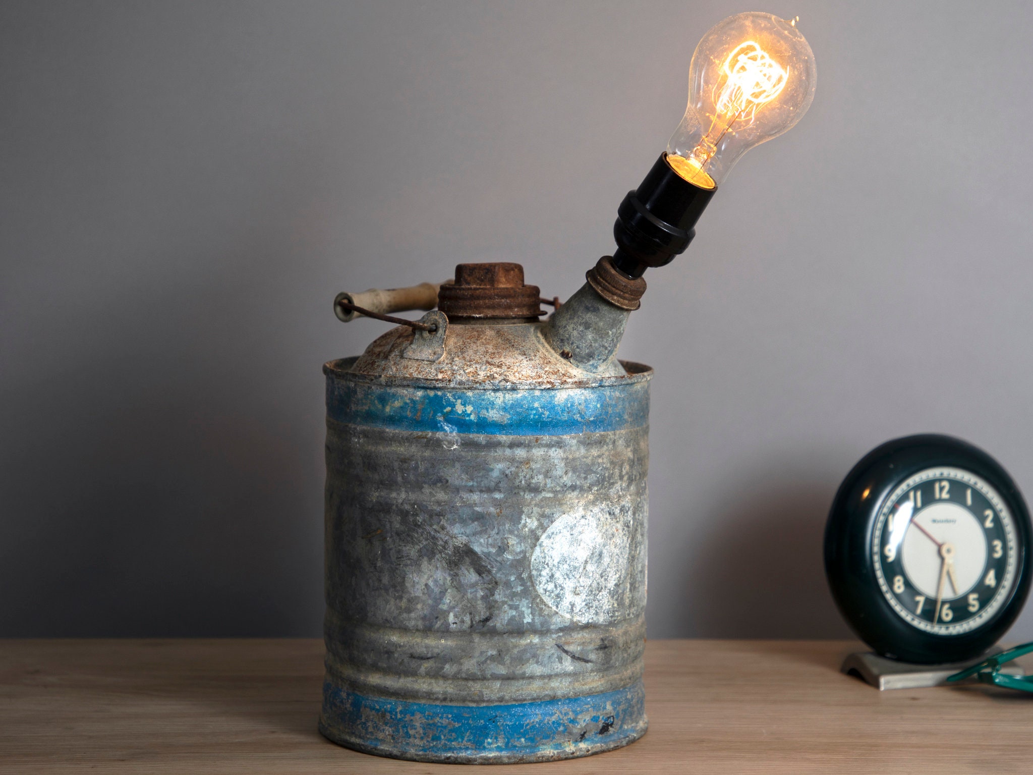 Vintage Oil Can Lamp With Filament Bulb Up cycled One of a kind