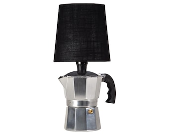 Small Silver Metal Espresso Coffee Pot Up-cycled Lamp with New Lampshade and Bulb