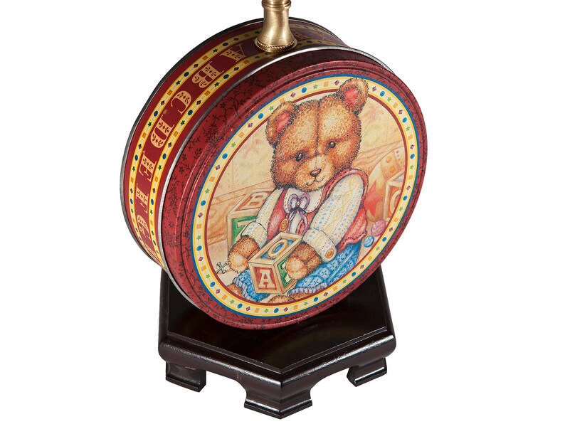 Vintage Round Teddy Bear Tin Up-cycled Nursery Lamp with New Blue Fabric Lamp Shade
