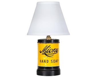 Vintage Mione Hand Soap Tin Lamp - Handcrafted One-of-a-Kind Accent Lamp with New Fabric Lampshade