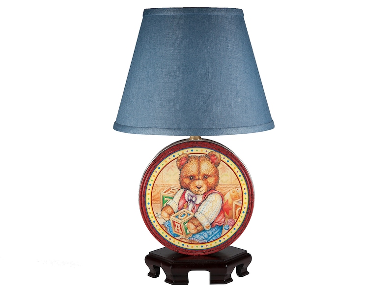 Vintage Round Teddy Bear Tin Up-cycled Nursery Lamp with New Blue Fabric Lamp Shade