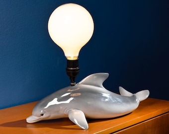 Handcrafted Porcelain Dolphin Wired Fish Sculpture with Lightbulb
