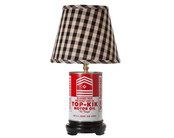 One-of-a-Kind Lamp Handcrafted from Vintage Motor Oil Tin with New Black Check Fabric Lampshade