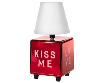 Small Accent Lamp: Red "Kiss Me" Cube Base, Fabric Shade