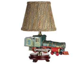 Hand Crafted Metal Train Engine Accent Lamp with New Fabric Lampshade