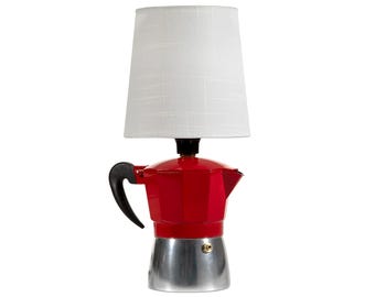 Upcycled Espresso Pot Lamp: Red, Silver & Black with New Lampshade