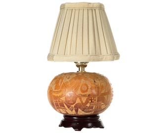 Vintage Carved Gourd Accent Lamp with New Fabric Lamp Shade