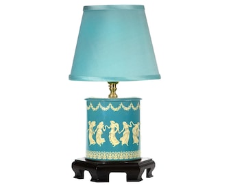 Hand Crafted Accent Lamp - Blue & White Vintage Tin Base - New Fabric Lampshade - Professionally Wired
