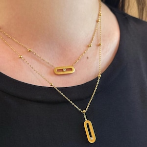 18K Gold Plated Paperclip Necklace, Layered Gold Chain Set, Sliding Diamond Necklace, Minimalist Dainty Jewelry For Women, Gift For Her