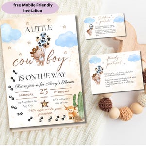 Linda invitación para baby shower de vaquero, diseño de osito de peluche del oeste, tarjeta en colores pastel, tema de globos con estampado de vaca, plantilla editable de oso de vaquero