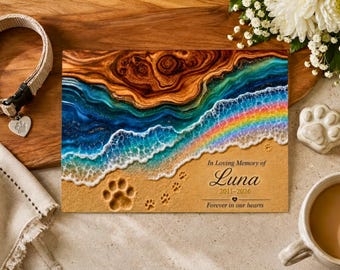 Pet Memorial Rainbow Bridge Glass Cutting Board, Personalized Dog Loss Paw Print Chopping Board, Beach Sympathy Remembrance Keepsake Gift