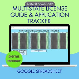 Puede incluir: Un producto digital para realizar un seguimiento de las solicitudes de licencia multiestatales. La imagen muestra una hoja de cálculo de Google con un rastreador de solicitudes de licencia estatal. La hoja de cálculo incluye columnas para el estado, el número de licencia, el estado de la solicitud y las tarifas. La hoja de cálculo está etiquetada como "Rastreador de solicitudes de licencia estatal".