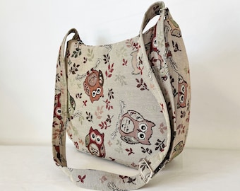 Large Hobo Bag Cross Body Ethnic Boho Imported Fabric Owl Print Browns beige Multi