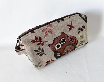 Small Cosmetic Imported Fabric Owl Print Vinyl Lined Zipper