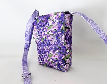Mini Messengeri Hipster Smart Phone Case Floral Print Adjustable Strap Quilted Violets