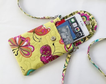 Iphone Smart Phone Gadget Case Detachable Neck Strap Quilted Fabric  Butterflies Multi Yellow