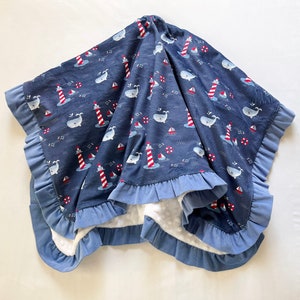 Kocyk dla dziecka Minky Nautical Print Blues Red White Corduroy Ruffle