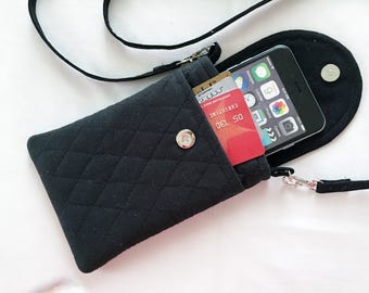 Smart Phone Case Iphone Case Detachable Neck Strap Quilted Black