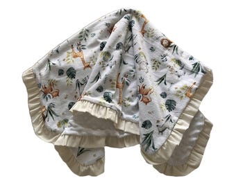 Forest Animal Baby Blanket: Minky & Corduroy Ruffle Trim