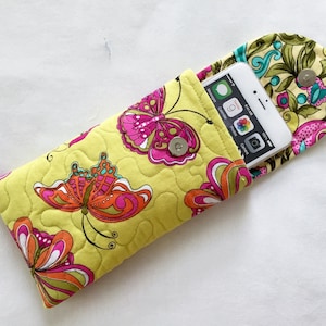 Glasses Case, Iphone 6 to 13 Quilted Butterflies Hot Pink Teal Yellow
