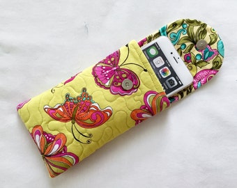 Glasses Case, Iphone 6 to 13 Quilted Butterflies Hot Pink Teal Yellow