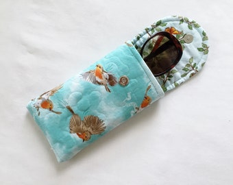 Glasses Case, Iphone 6 to 13,  Quilted Birds Butterflies Multi Aqua