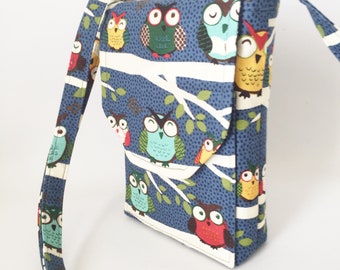 Mini Mini Hipster Owls Phone Case Travel Bag Adjustable Strap Multi Color Blues