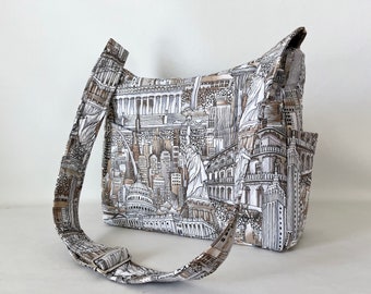 Cross Body Quilted Bag Cityscapes Theme Adjustable Strap Gray Beige White Black